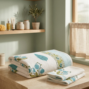 Juego de Toallas de Algodón Waffle de la Mejor Calidad, 1 Toalla de Baño y 2 Toallas de Mano, Secado Rápido, Diseño Floral Estampado a Mano, Rectangulares, para el Hogar - Product Image 2