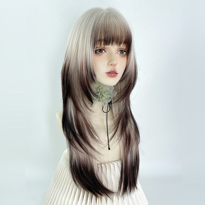 Perruque longue et droite dégradée blond platine avec frange latérale, ligne de cheveux naturelle, Lace Front, fibre Kanekalon, pour femme, tête entière - Product Image 5