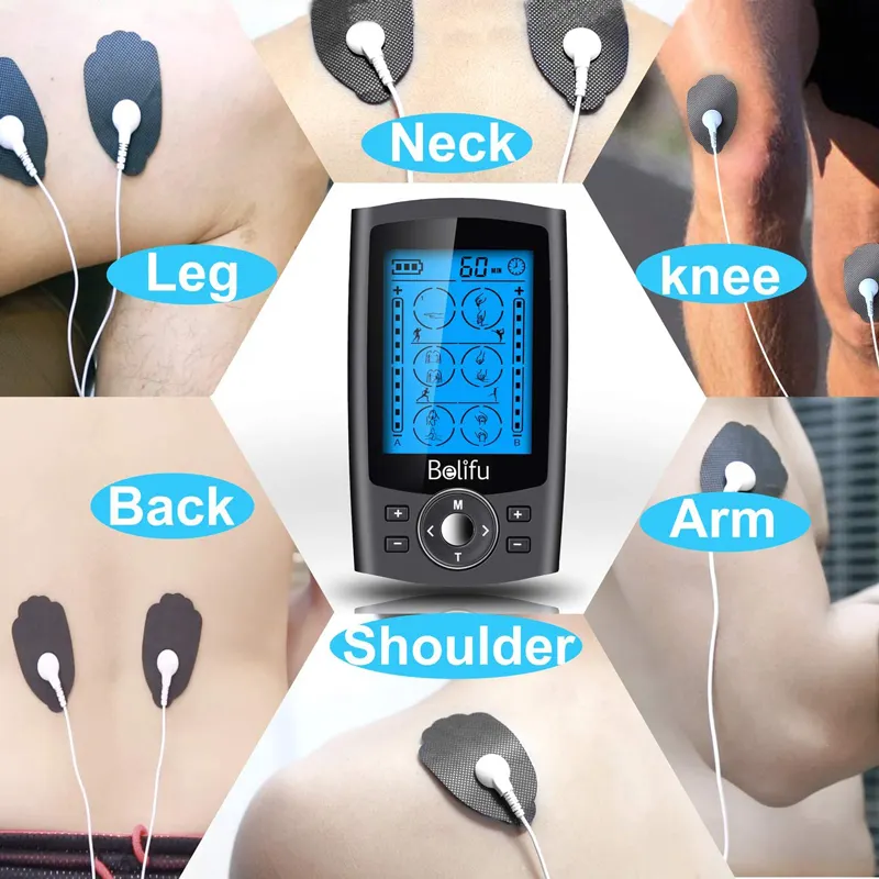 Masseur TENS Rechargeable avec 12 électrodes Tens pour le soulagement de la douleur et la force musculaire