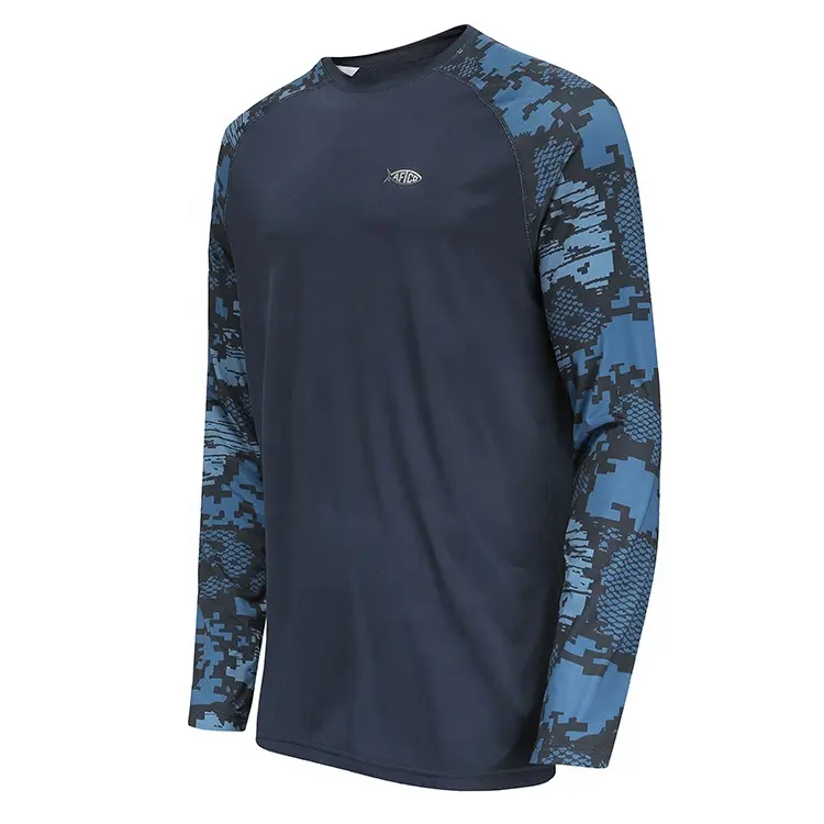 Fish Shirt Custom Sublimation Logo Navy Blue Color Polyester UV Long Sleeve Mens Fishing Shirt