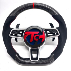 Volant en cuir pleine fleur et fibre de carbone pour <span class=keywords><strong>Porsche</strong></span> 911 Carrera <span class=keywords><strong>GT3</strong></span> <span class=keywords><strong>RS</strong></span> Cayenne, style course à fond plat - Product Image 1