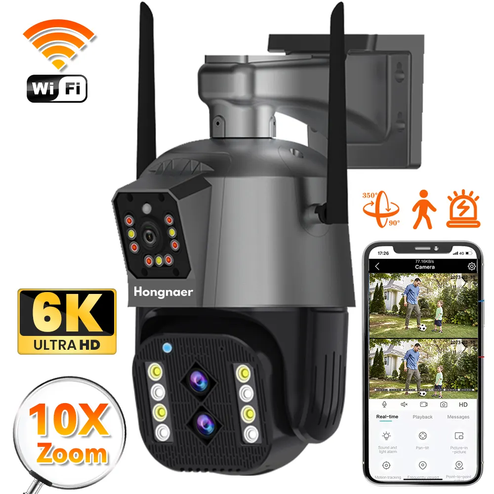 Hongnaer Kamera CCTV IP nirkabel 4K, tiga lensa penglihatan malam warna penuh 10X Hybrid Zoom 4K keamanan rumah luar ruangan lensa ganda WiFi