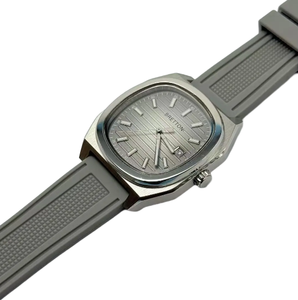 Orologio da <span class=keywords><strong>Uomo</strong></span> Quadrato con Quadrante Argentato a Strisce, Cinturino in Gomma Grigia, Display Data, Impermeabile, Movimento al Quarzo, Elegante Casual Business - Product Image 5