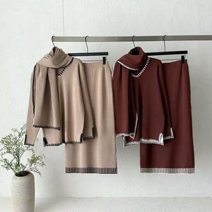 Ensemble pull tricoté pour femme avec écharpe et jupe, tenue décontractée trois pièces automne, 100% coton, manches longues, look chic - Product Image 6