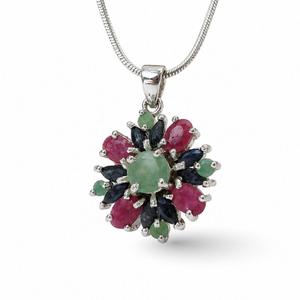 925 Sterling Silver Rhodium Plated Ruby <b>Emerald</b> Blue Sapphire Floral <b>Pendant</b> - Product Image 4