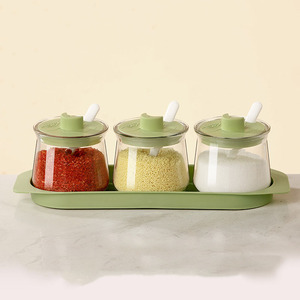 Aanpasbare 3-delige kruidenpottenset met deksel, inclusief lepel en dienblad, keukenkruidenpotjes voor thuisgebruik - Product Image 4
