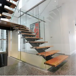 Glass Wood Stairs ACE Customize Central Spine Staircase Mono Beam Straight Stairs With Solid Wood Tread And Frameless Glass Railing
