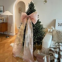Grand nœud en organza rose avec longues franges brillantes, nœud en tissu transparent pour décoration de mariage, de chaise, de canapé, de fête à domicile