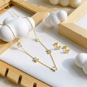 Conjunto de joyería con incrustaciones de concha de mariposa para mujer, chapado en oro de 18 quilates, collar y aretes de acero inoxidable para uso diario. - Product Image 5