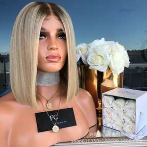 Peluca Bob de oro negro de 12 "con frente de encaje, peluca de pelo recto <span class=keywords><strong>corto</strong></span> sintético resistente al calor con parte media y cuero cabelludo simulado para mujer - Product Image 2