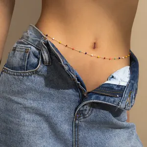 Trendy Rainbow Glass Beads Single Row Copper Chain Belt Women Waist Body Jewelry Star Geometric Tassel Charm Cool Belly Chain