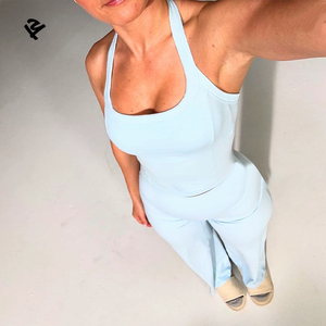 Set Loungewear Personalizzato per <span class=keywords><strong>Donna</strong></span>, Abbigliamento Sportivo all'Ingrosso, Completo Due Pezzi con Top a Costine e Pantaloni a Gamba <span class=keywords><strong>Larga</strong></span> - Product Image 2