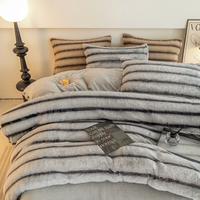 Ensemble de literie en fausse fourrure de lapin rayée de luxe, 4 pièces, couvre-lit confortable, couette, couvre-lit confortable, drap plat pour l'hiver