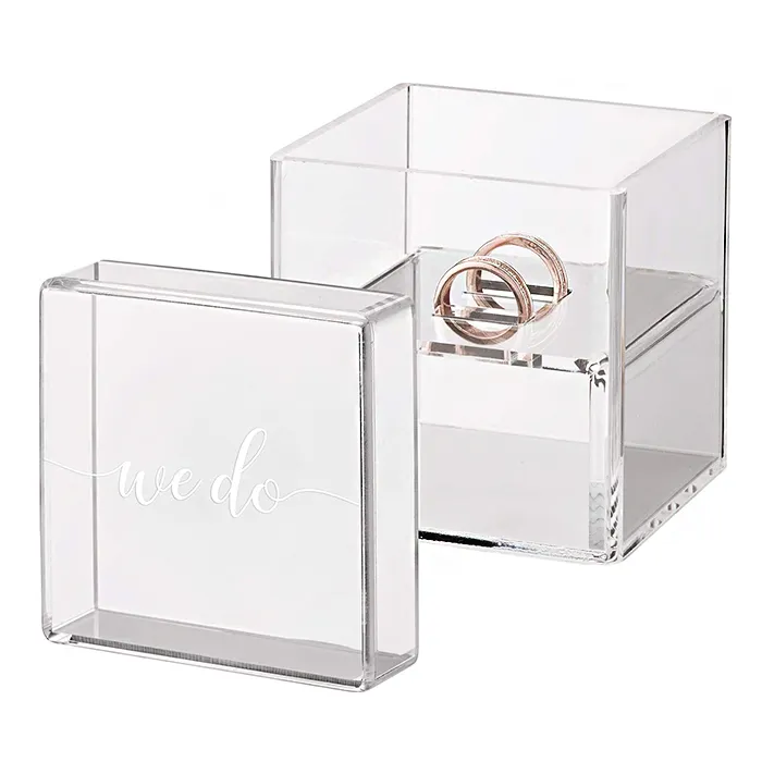Boîte à bagues en acrylique avec noms gravés personnalisés pour fiançailles Bo Fashion Boîte à bagues de mariage en acrylique transparent