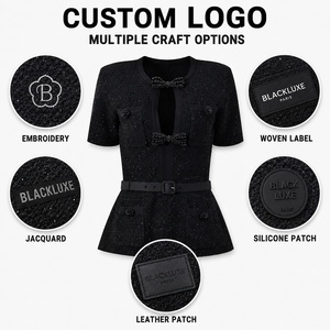Maglioni Moda Donna, Top Nero a Maniche Corte in <span class=keywords><strong>Maglia</strong></span> con Bottoni, Fiocco, Ricami e <span class=keywords><strong>Paillettes</strong></span>, Blusa Traspirante Casual OEM ODM - Product Image 3