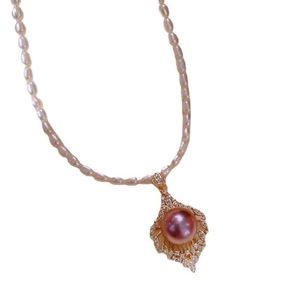 Collar de Perlas Edison Púrpuras de 11-12 mm con Colgante de Perlas de Arroz Pequeñas de 3-4 mm para Mujer, Chapado en Oro de 14k, Collares de Lujo - Product Image 5