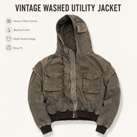 Blouson Trucker à Capuche Homme en Toile de Coton Épaisse Délavée Style Vintage, Coupe Boxy Multi-Poches, Manches Détachables, Fermeture Éclair, Style Urbain