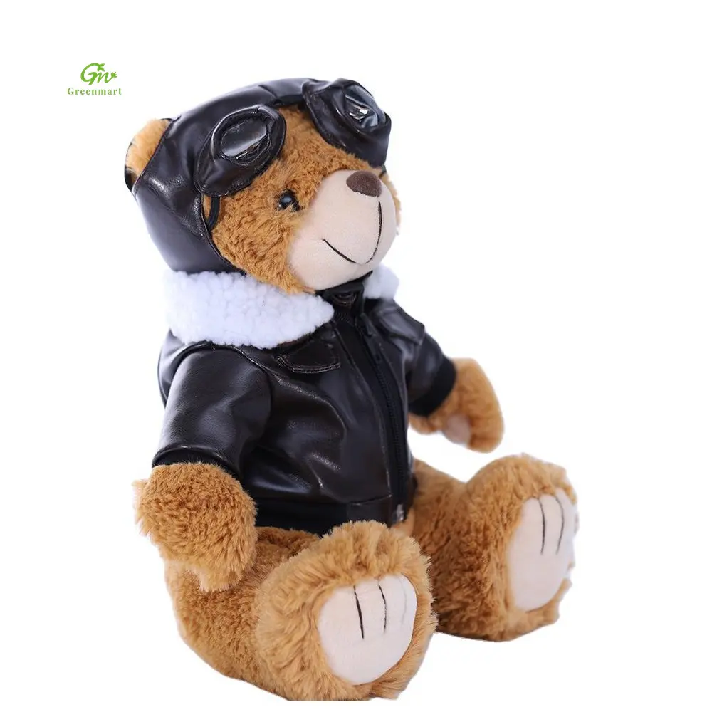 Greenmart Sales Sitting Air Bear Plush Toy Custom Design Pu Motorcycle Leather Racing Rabbit Hair Material Stuffed Animal