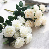 V570 Fleurs artificielles en soie de haute qualité, faites à la main, 3D, grandes, à longue tige, toucher réaliste, latex, roses blanches ivoire