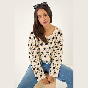 Women's Casual <strong>Cropped</strong> Long Sleeve Crewneck Soft Pullover Sweater Top Solid Color Stone Dusk with <strong>Crochet</strong> Tassel Hem <strong>Jumper</strong> - Product Image 1