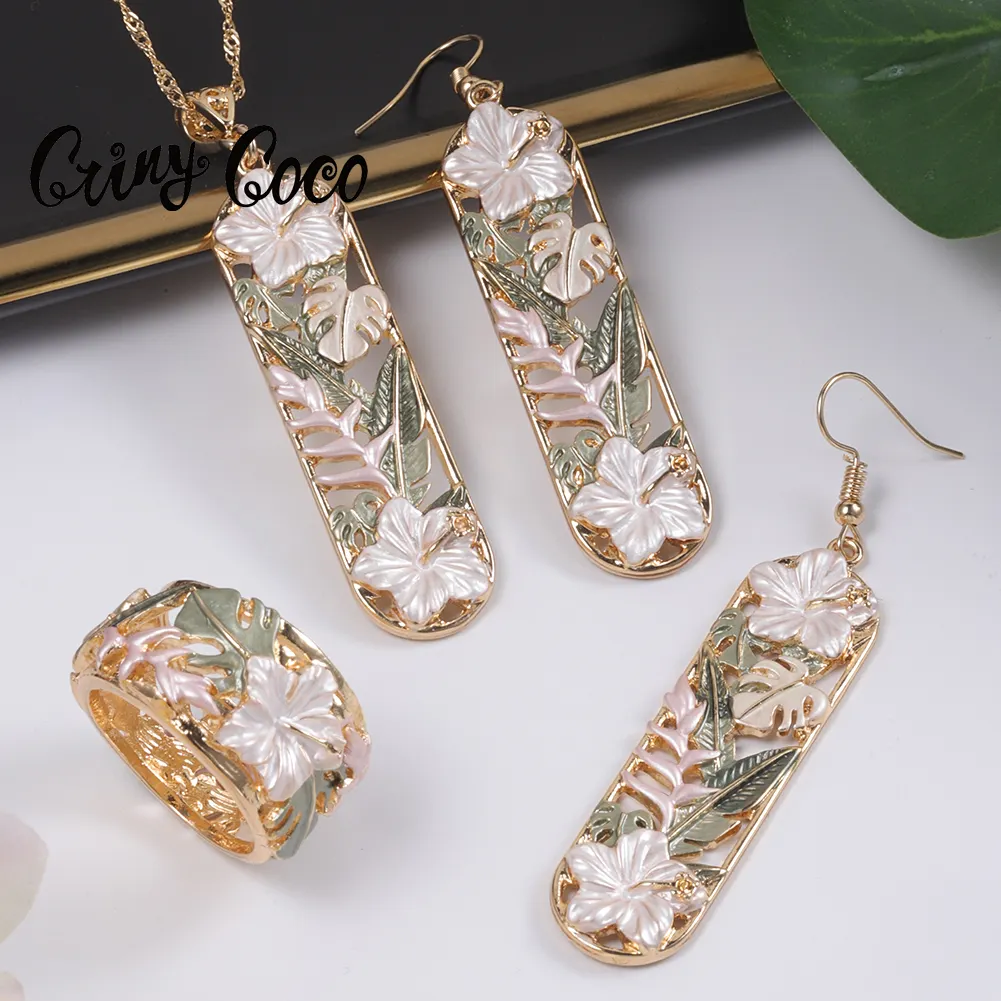 Cring CoCo Fashion Pearl Necklace Polynesian Pearls Bar Earrings Sets Trend New Necklaces Plumeria rubra Hawaiian Jewelry Sets