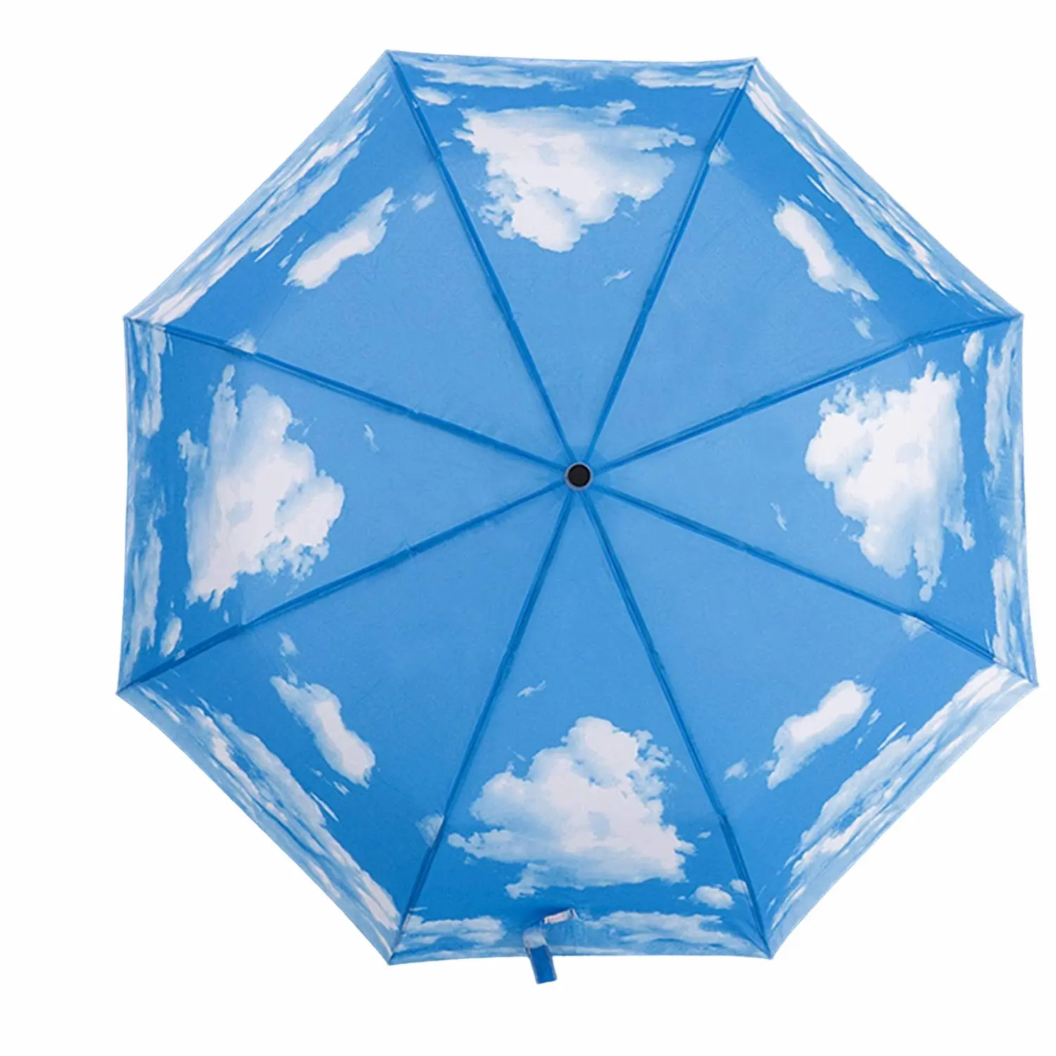 New Fashion Blue Sky Manual Open Metal Black Ribs Rubber Handle Three Folding Umbrella