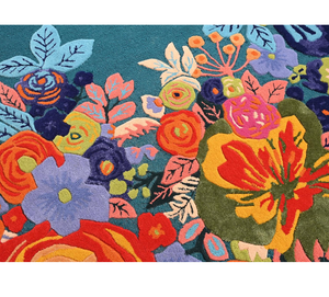 Tapis floral en laine fait à la main peluche douce multicolore vibrante avec des fleurs de jardin sarcelle épaisses durables sur un ensemble de fond irrégulier - Product Image 3