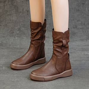 Wrinkle Cowhide Hot Sale Women Side Zip <strong>Slouch</strong> Stacked Mid Calf <strong>Boots</strong> 4cm Non Slip Platform Rubber Sole Vintage <strong>Boots</strong> - Product Image 2