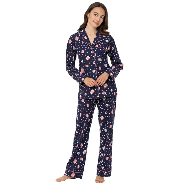 großhandel weihnachten bedruckte pyjamas damen nachtwäsche lange Ärmel baumwolle schlafanzug Loungewear 2-teilig nachtwäsche schlafanzug sets