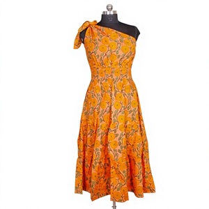 Vestido midi de verano casual sin mangas con estampado de frutas naranjas y un solo hombro, estilo A-line, tejido para mujer - Product Image 1
