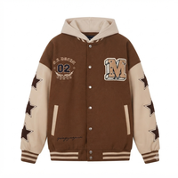 Blouson universitaire unisexe en mélange de laine marron, coupe-vent écologique, à capuche, col montant, avec broderie écusson lettre M en chenille et étoiles sur le devant