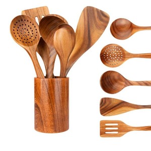 Acacia Wood Kitchenware Set 9 Pieces Heat Resistant Cooking Utensils With Holder For Home Use - Product Image 3