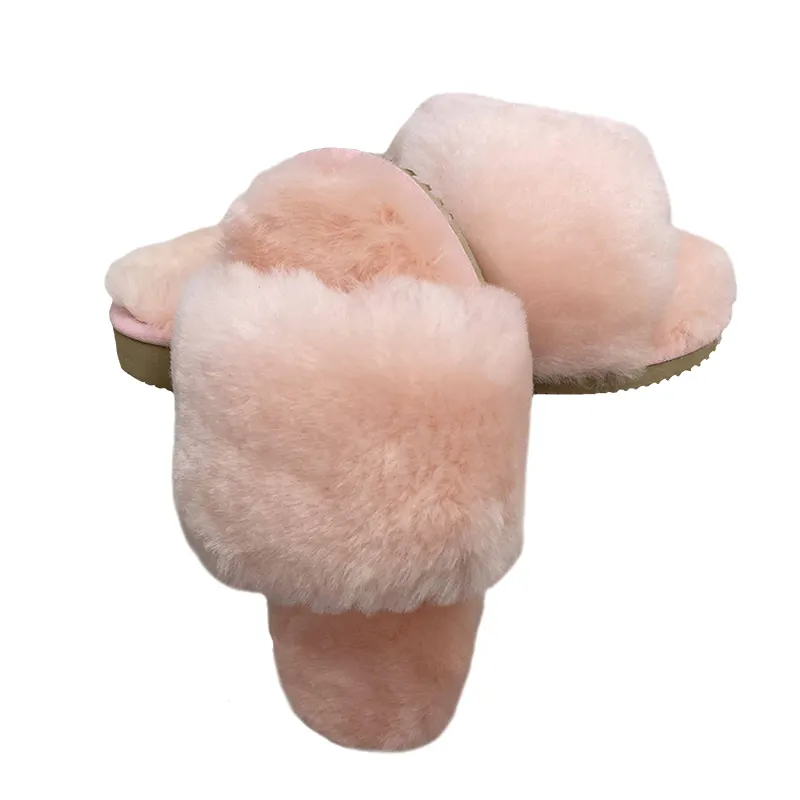 real Fur Slippers Genuine Sheepskin Slipper Shoes For Women and Men home use