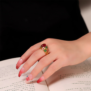BOCAI S925 anelli in <span class=keywords><strong>argento</strong></span> Sterling da donna con motivo a fiori in smalto <span class=keywords><strong>dorato</strong></span> corindone rosso naturale intarsiato stile etnico gioielli per feste - Product Image 5