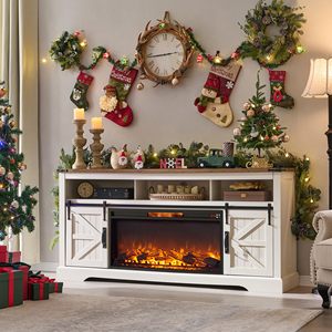 Mueble para TV Estilo Rústico Americano SENYU con Chimenea Eléctrica, Gabinete de PB/MDF/Metal, Consola Multimedia con Almacenamiento, Fácil de Armar - Product Image 2