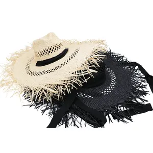JAKIJAYI vente en gros de chapeau de dame d'été en paille naturelle colorée fait à la main chapeau de paille en raphia pour femmes à large bord avec ceinture en ruban - Product Image 1
