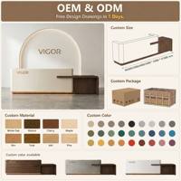 Bureau d'accueil moderne blanc crème avec éclairage LED, comptoir de réception minimaliste en bois de noyer, table de salon, table de clinique de beauté