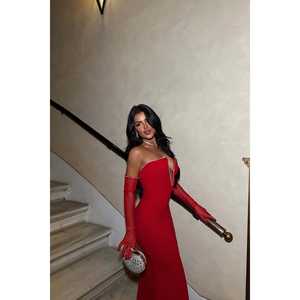 Red Stone Detail Crocheted Ball <b>Gown</b> Evening Party Dress XS Size Short Sleeve <b>Length</b> <b>Floor</b>-<b>Length</b> 3D Flower Rhinestone - Product Image 2