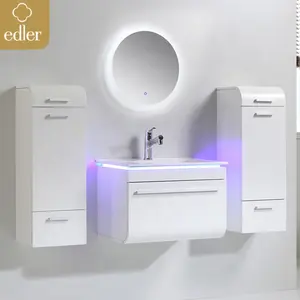 Tocador de baño de MDF, tocador de baño pintado en blanco brillante con lavabo, espejo LED, tocador de baño de alta calidad con lavabo