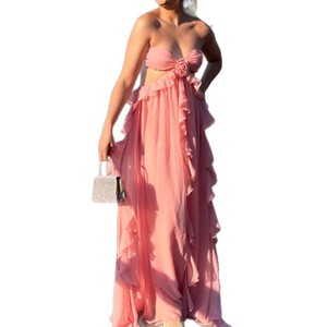 Plus Size Women's Strapless Long Chiffon <b>Dress</b> Empire Waist Ruffles Solid Color Vacation Wear Pink <b>Emerald</b> - Product Image 5