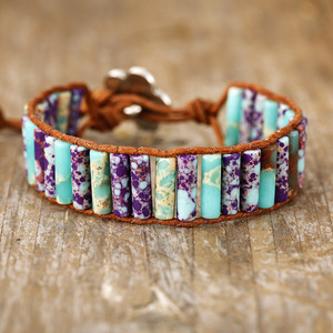 Natural Stone <b>Beaded</b> <b>Bracelet</b> Turquoise Purple Pattern Genuine Leather Rope Wrapped Unisex Jewelry Gift - Product Image 1