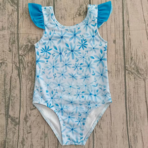 S0515 Maillot de bain personnalisé pour petite fille active, imprimé fleurs bleu clair, ensemble de bain sans manches pour enfants, vente en gros - Product Image 1