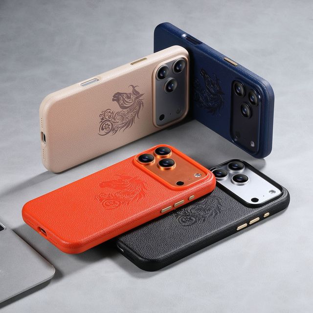 Metal Buttons Slim Tough Camera Protection Carved Horse Pattern PU Back TPU Phone Case for iPhone 17 16 15 Pro 17 Pro Max