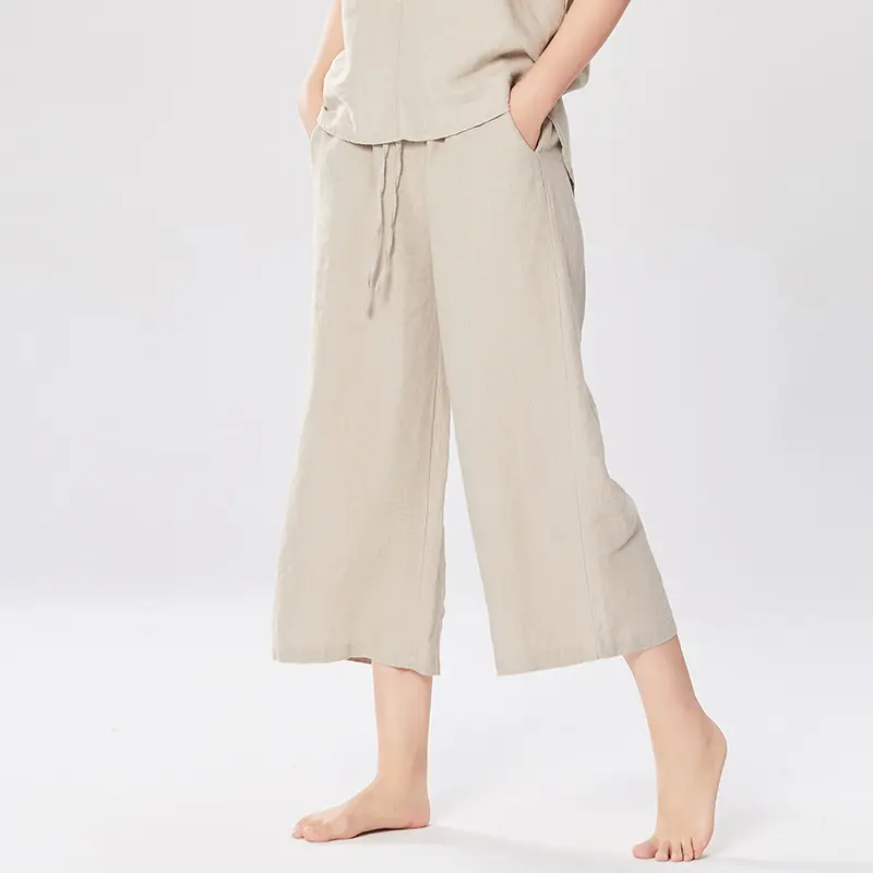 Celana panjang crop wanita, piyama Linen murni pinggang tinggi longgar tipis gaya Jepang untuk perempuan