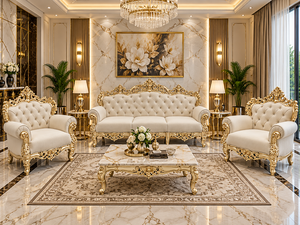 Juego de Sofás Tapizados Clásicos de Lujo, Estilo Europeo, Color Crema Dorado, Hechos a Mano, para Apartamentos y Centros Comerciales - Product Image 1