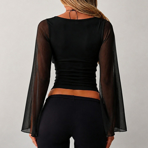 Women's Chiffon <b>Patchwork</b> V Neck Tie Waist Knit T Shirt Flare Sleeve Solid Color Casual Fashion <b>Top</b> - Product Image 2
