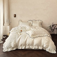 Ensemble de literie en satin crème jacquard 4 pièces, housse de couette en coton et polyester avec volants et bordure noire, literie française