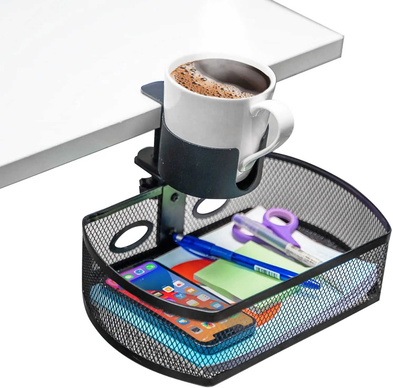 Under Desk Organizer 360 Rotatable Hidden Storage Box and Cup Holder C-Clamp Mount Hanging Desk Storage Tray for Home Office