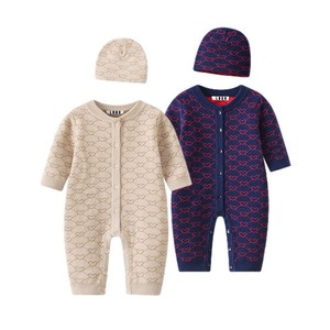 Ensemble barboteuse et bonnet en <span class=keywords><strong>tricot</strong></span> 100 % coton <span class=keywords><strong>de</strong></span> haute qualité, tenue douce et confortable pour nouveau-né avec motif cœur pour le printemps et l'automne - Product Image 1