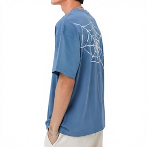 เสื้อยืดโอเวอร์ไซส์ลายใยแมงมุม สไตล์สตรีทแวร์ ผ้าคอตตอนหนา สีน้ำเงิน ทรงไหล่ตก สไตล์ฮิปฮอป - Product Image 5